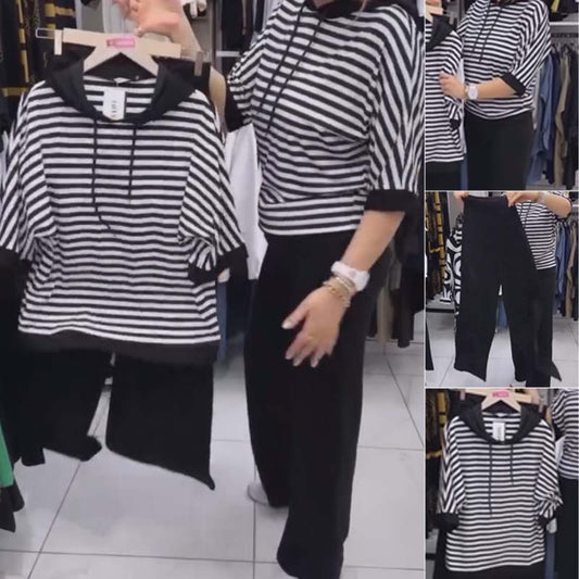 ✨Dámská Sada Pruhovaného Topu a Jednobarevných Kalhot