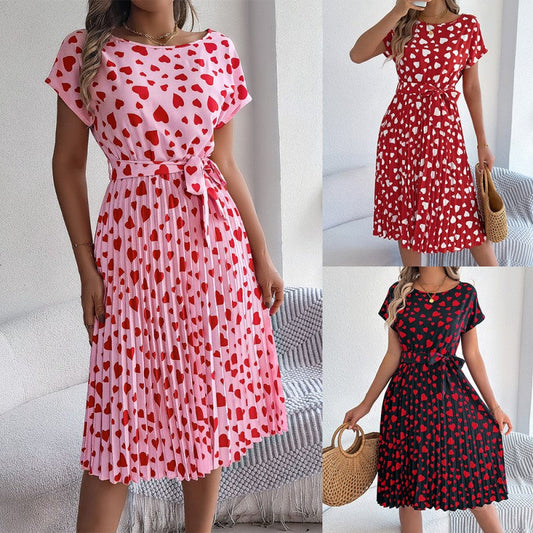 Šaty s kulatým výstřihem, krátkými rukávy a vzorem Sweetheart, s ladícím páskem