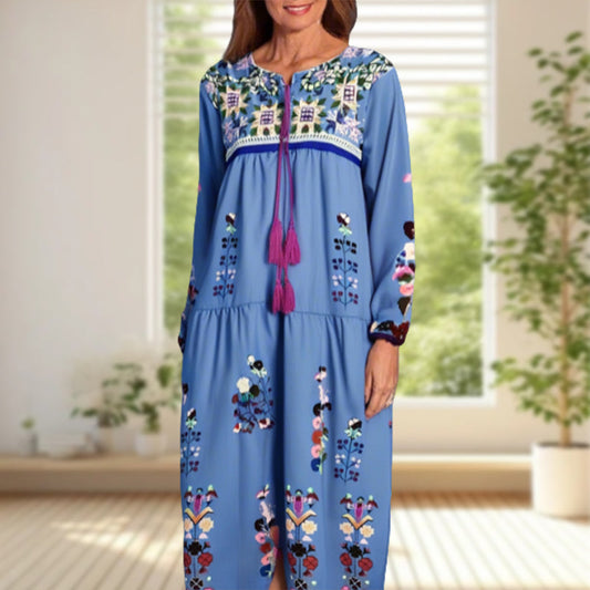 👗Maxi šaty s bohémským potiskem a třásněmi