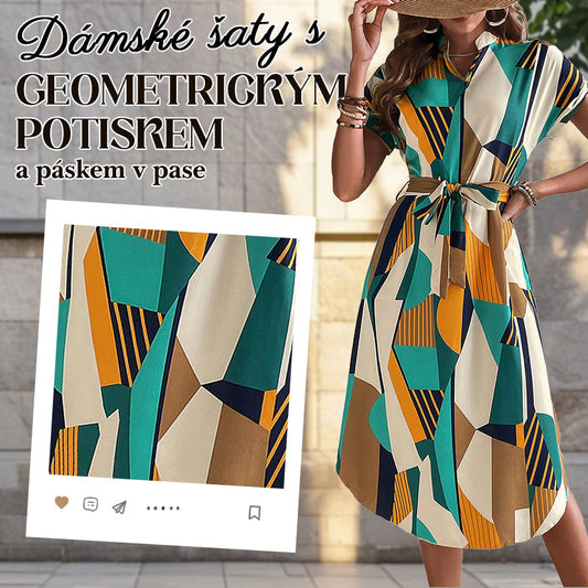 👗Dámské šaty s geometrickým potiskem a páskem v pase