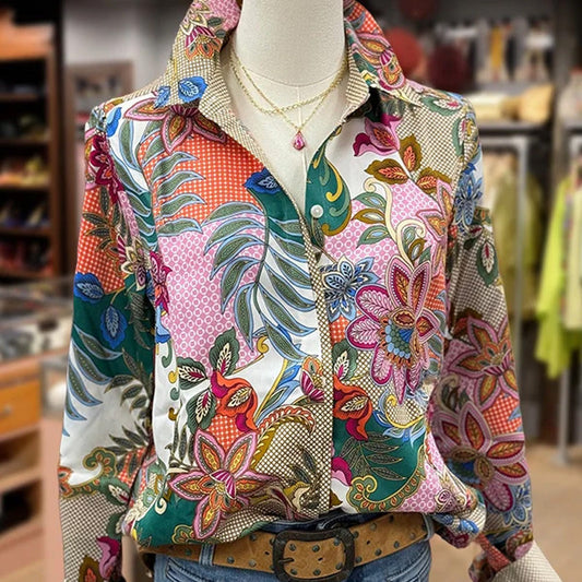 Dámská halenka s květinovým potiskem a dlouhými rukávy