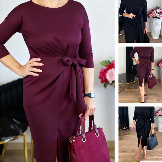 🎁Získejte náhrdelník zdarma💝 Dámské elegantní midi šaty s rozparkem a uzlem vpředu