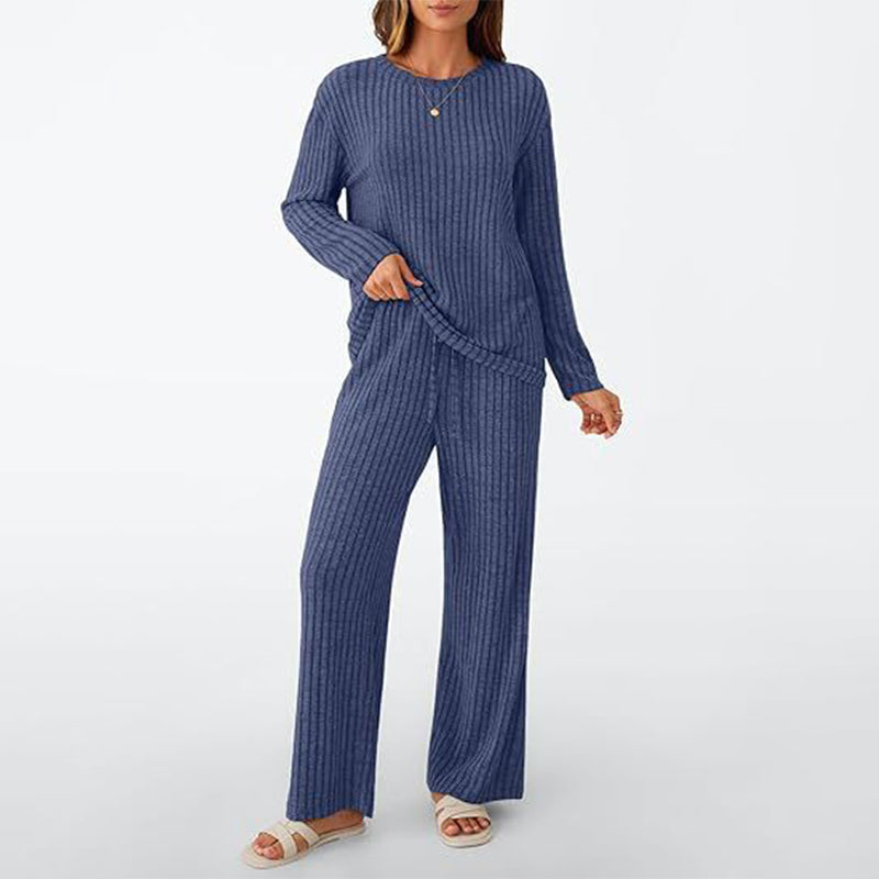 Women's Ribbed Knit Loose Top & Wide-Leg Pants Set