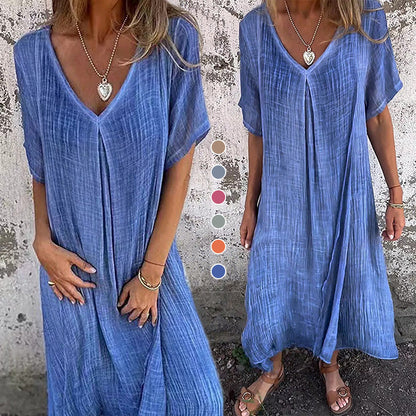 👗Letní volné jednobarevné bavlněné šaty s krátkým rukávem do V