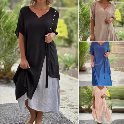 👗Bavlněné lněné šaty s krátkým rukávem Loose Fit