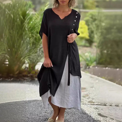 👗Bavlněné lněné šaty s krátkým rukávem Loose Fit