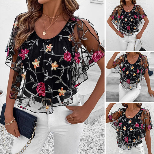 👚 Dámský Tisknutý Mesh Patchwork Top 🌟