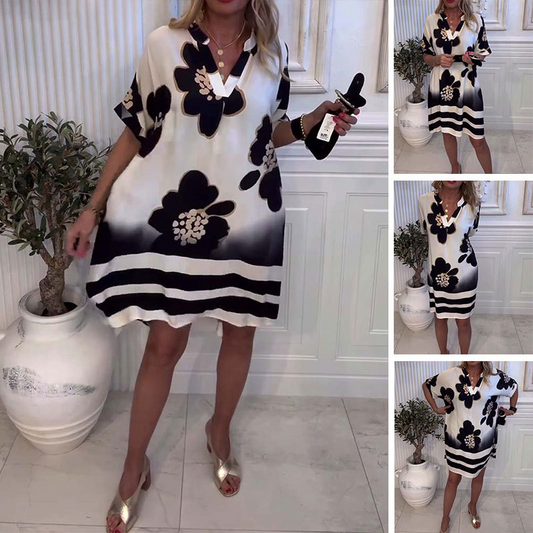 🌸Dámské volné šaty s potiskem a hlubokým výstřihem do V