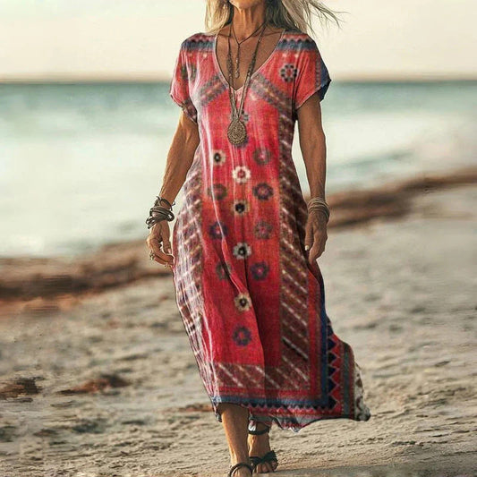 ✨Dámské dlouhé šaty s potiskem a krátkým rukávem do V