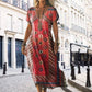 ✨Dámské dlouhé šaty s potiskem a krátkým rukávem do V