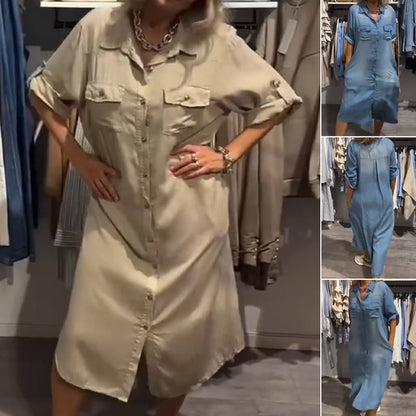 Dámské neformální džínové košilové šaty Midi s knoflíky vpředu