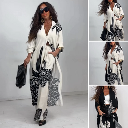 Dámský elegantní top s potiskem a kalhoty se širokými nohavicemi