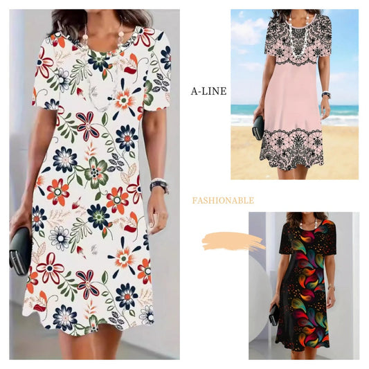 Módní šaty s potiskem ve tvaru písmene A