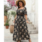 Vintage Gold Floral Print Breathable Flowy Dress with Waisted A-line Hem