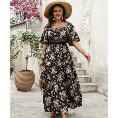 Vintage Gold Floral Print Breathable Flowy Dress with Waisted A-line Hem