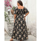 Vintage Gold Floral Print Breathable Flowy Dress with Waisted A-line Hem
