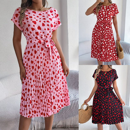 Šaty s kulatým výstřihem, krátkými rukávy a vzorem Sweetheart, s ladícím páskem