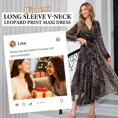 Dámské dlouhé rukávy s výstřihem do V a leopardím potiskem Maxi šaty