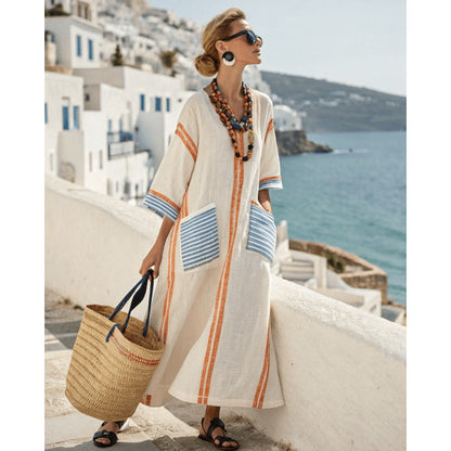 Ležérní geometrické volné šaty s výstřihem do V, 3/4 rukávy a kapsami