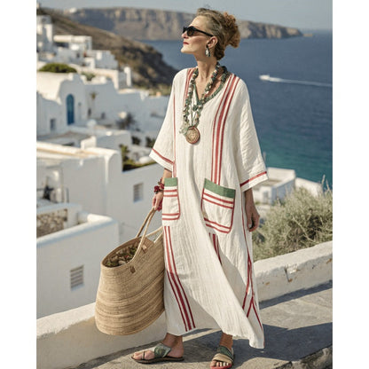 Ležérní geometrické volné šaty s výstřihem do V, 3/4 rukávy a kapsami