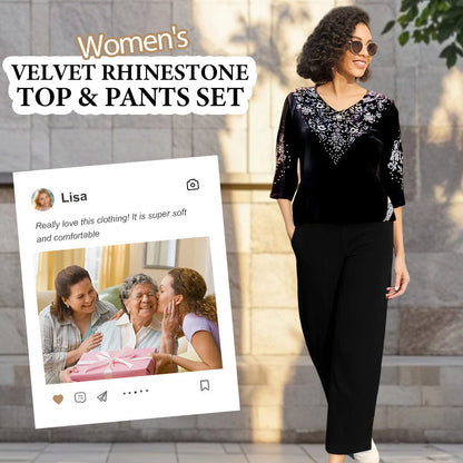 💜Dámský set z velvetové blůzy s krystaly a kalhotami