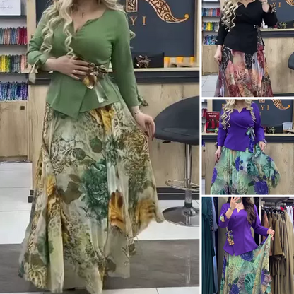 💜Elegantní top a květinová sukně, 2dílná sada