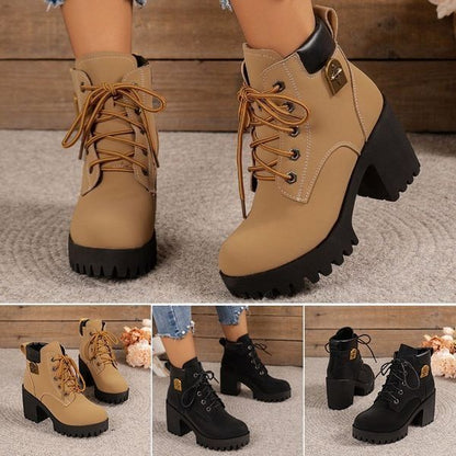 ✨ Boty s tlustými podpatky a platformami – retro model s tkaničkami pro ženy