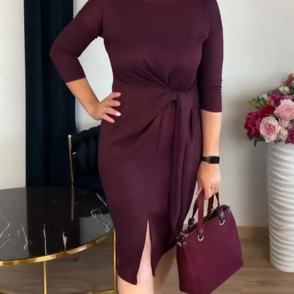 🎁Získejte náhrdelník zdarma💝 Dámské elegantní midi šaty s rozparkem a uzlem vpředu