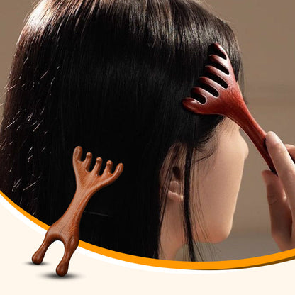 Masážní hřeben ze santalového dřeva ve tvaru jeleního parohu s dvojím účelem