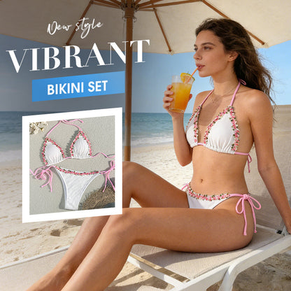 Nastavitelná bikiny s vázáním na bocích a květinovým lemováním