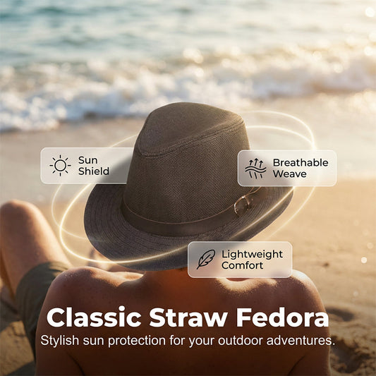 Slaměný klobouk Fedora s páskem z umělé kůže