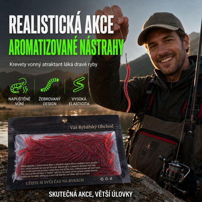 🎣Měkká gumová nástraha s příchutí krevety, vhodná pro rybolov ve sladké i slané vodě.