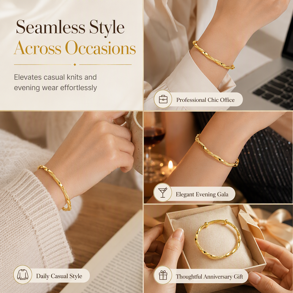 🌀 50% OFF! 🌟 Endless Mobius-twisted bangle – smooth, sliding adjustable clasp & double-textured premium shine 💫