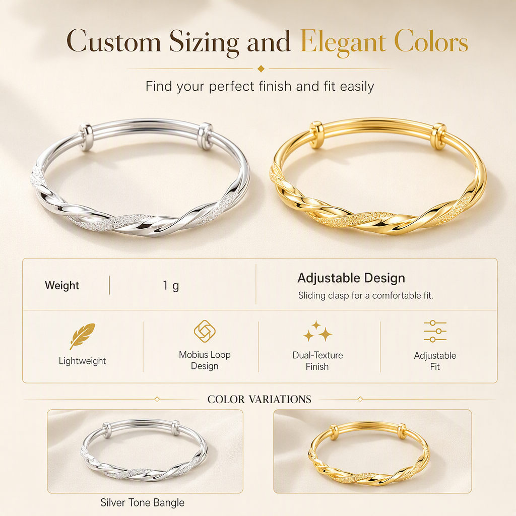 🌀 50% OFF! 🌟 Endless Mobius-twisted bangle – smooth, sliding adjustable clasp & double-textured premium shine 💫