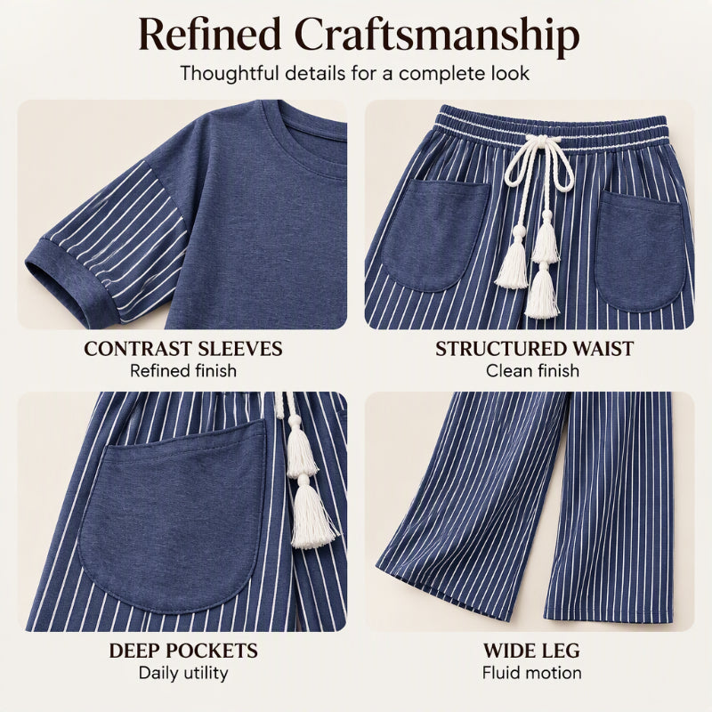 Women's Long Sleeve Top & Striped Wide-Leg Pants Set