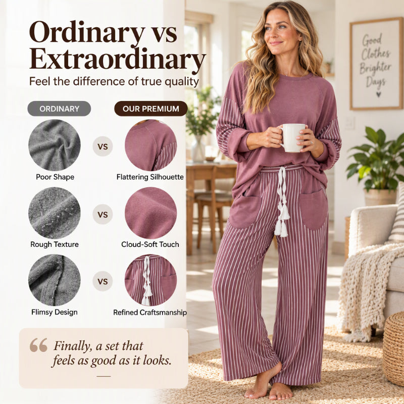 Women's Long Sleeve Top & Striped Wide-Leg Pants Set