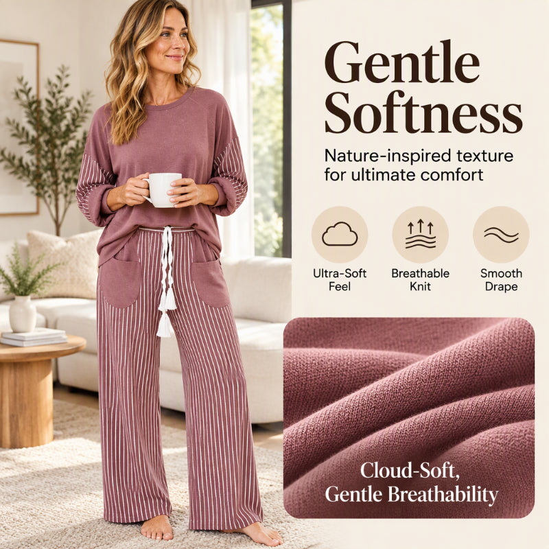 Women's Long Sleeve Top & Striped Wide-Leg Pants Set