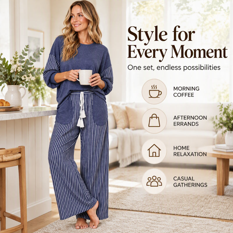 Women's Long Sleeve Top & Striped Wide-Leg Pants Set