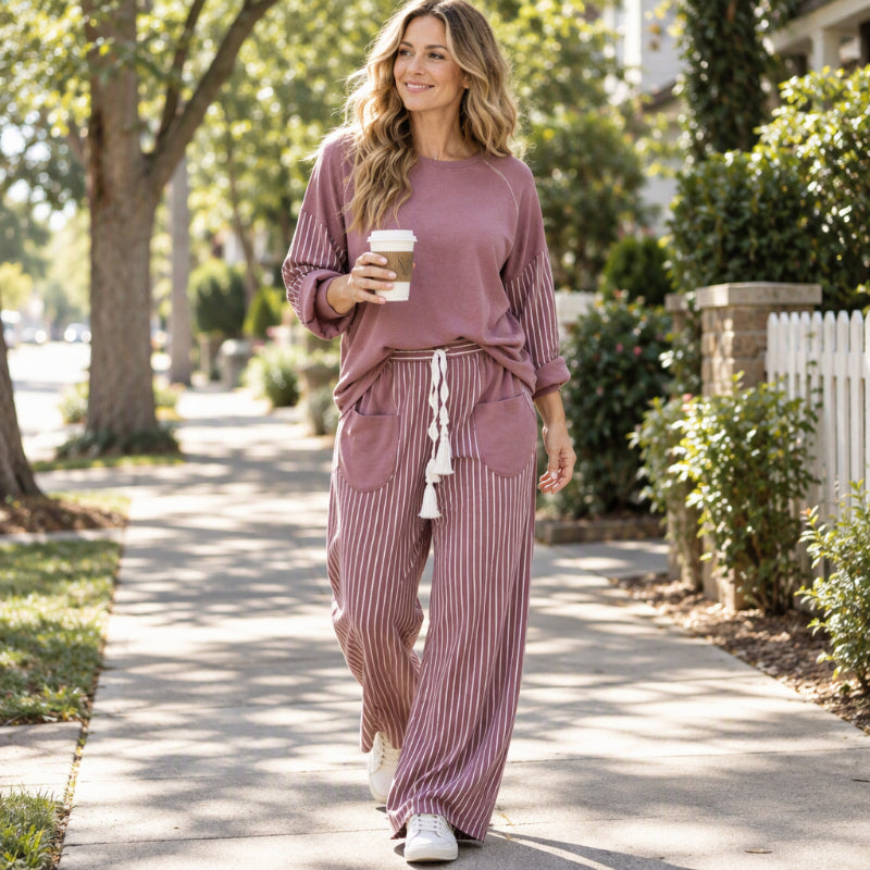 Women's Long Sleeve Top & Striped Wide-Leg Pants Set