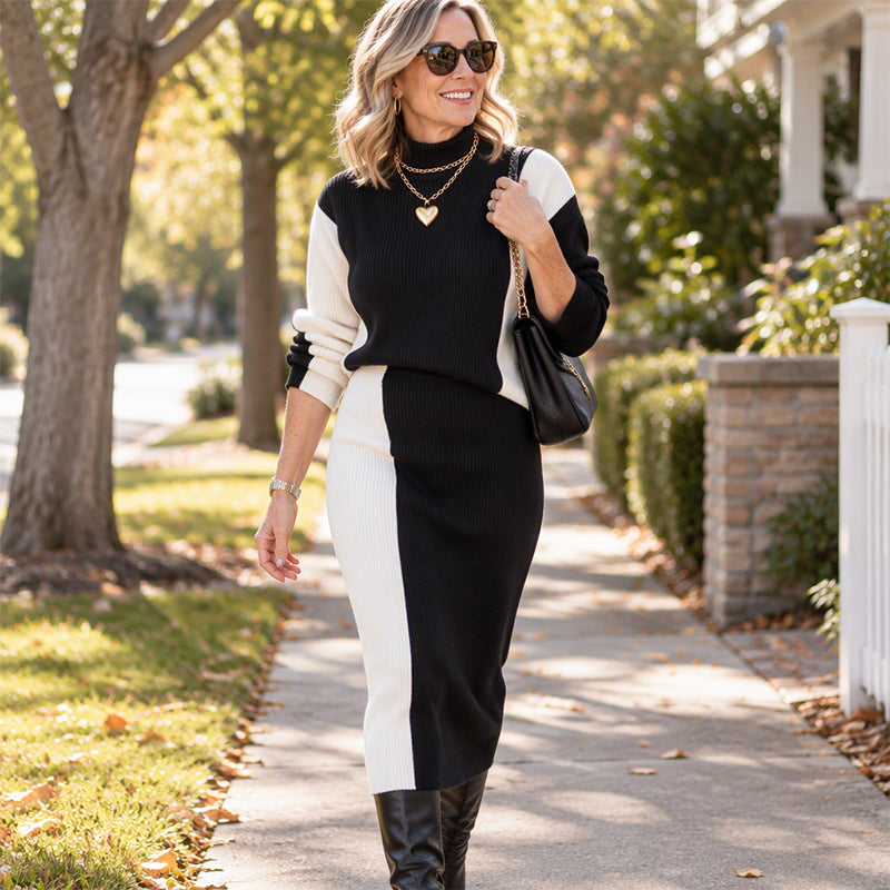 Women's Elegant Turtleneck Sweater and Slim Fit Skirt Set