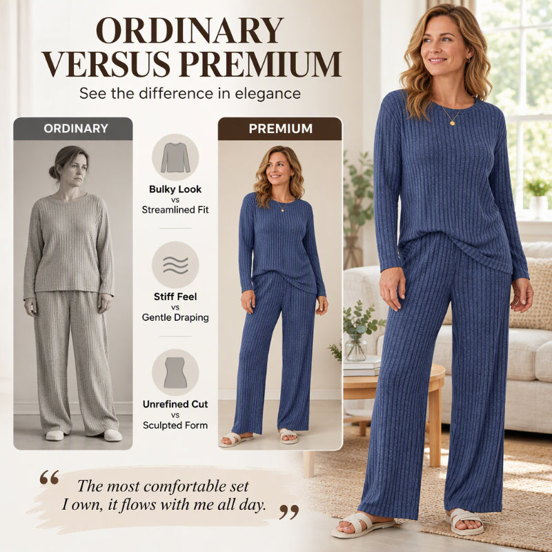 Women's Ribbed Knit Loose Top & Wide-Leg Pants Set
