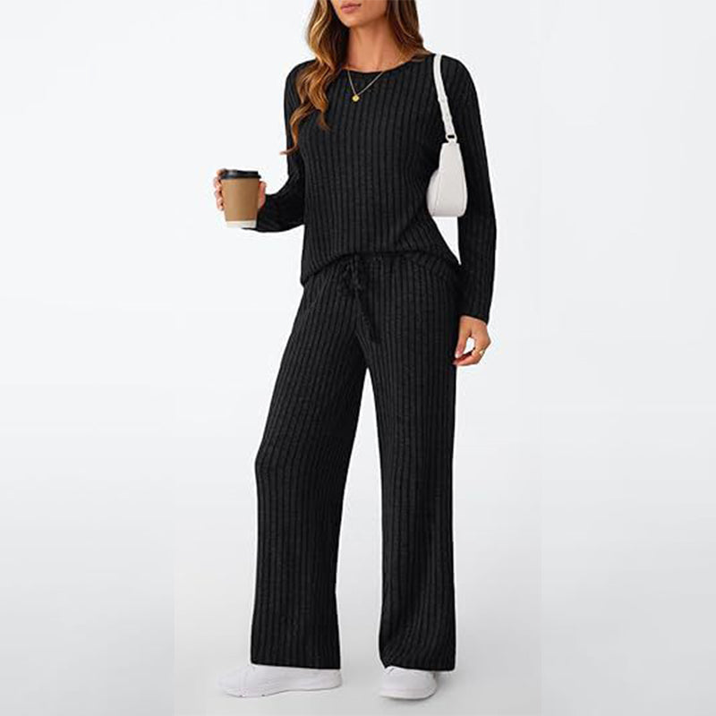 Women's Ribbed Knit Loose Top & Wide-Leg Pants Set