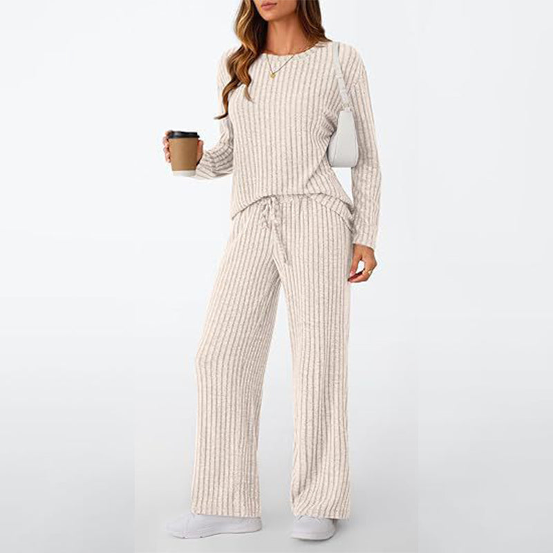 Women's Ribbed Knit Loose Top & Wide-Leg Pants Set