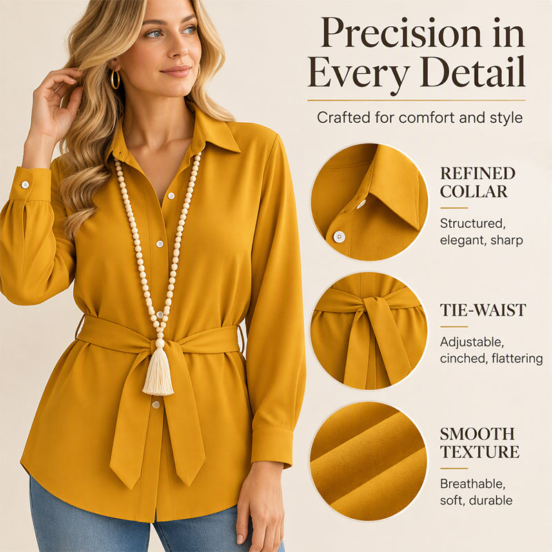 Women's Casual Button-Down Shirt with Waist Tie