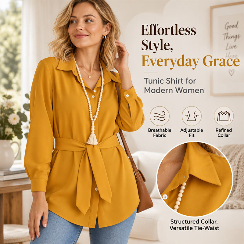 Women's Casual Button-Down Shirt with Waist Tie