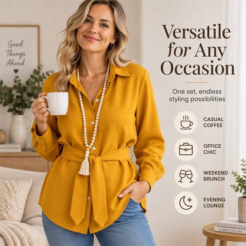 Women's Casual Button-Down Shirt with Waist Tie