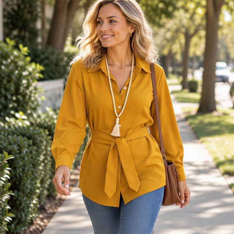 Women's Casual Button-Down Shirt with Waist Tie