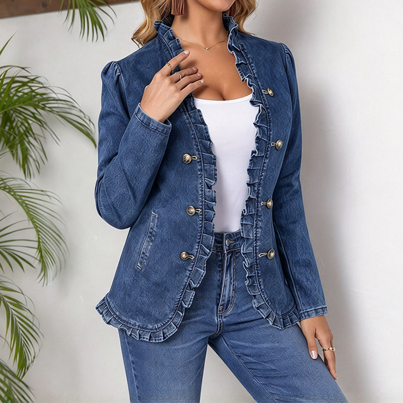 Women's Chic Ruffle Trim Denim Jacket