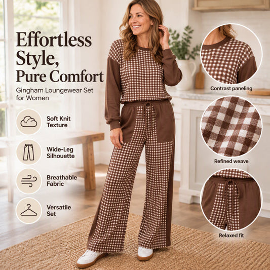 Women's Gingham Long Sleeve Top & Wide-Leg Pants Set