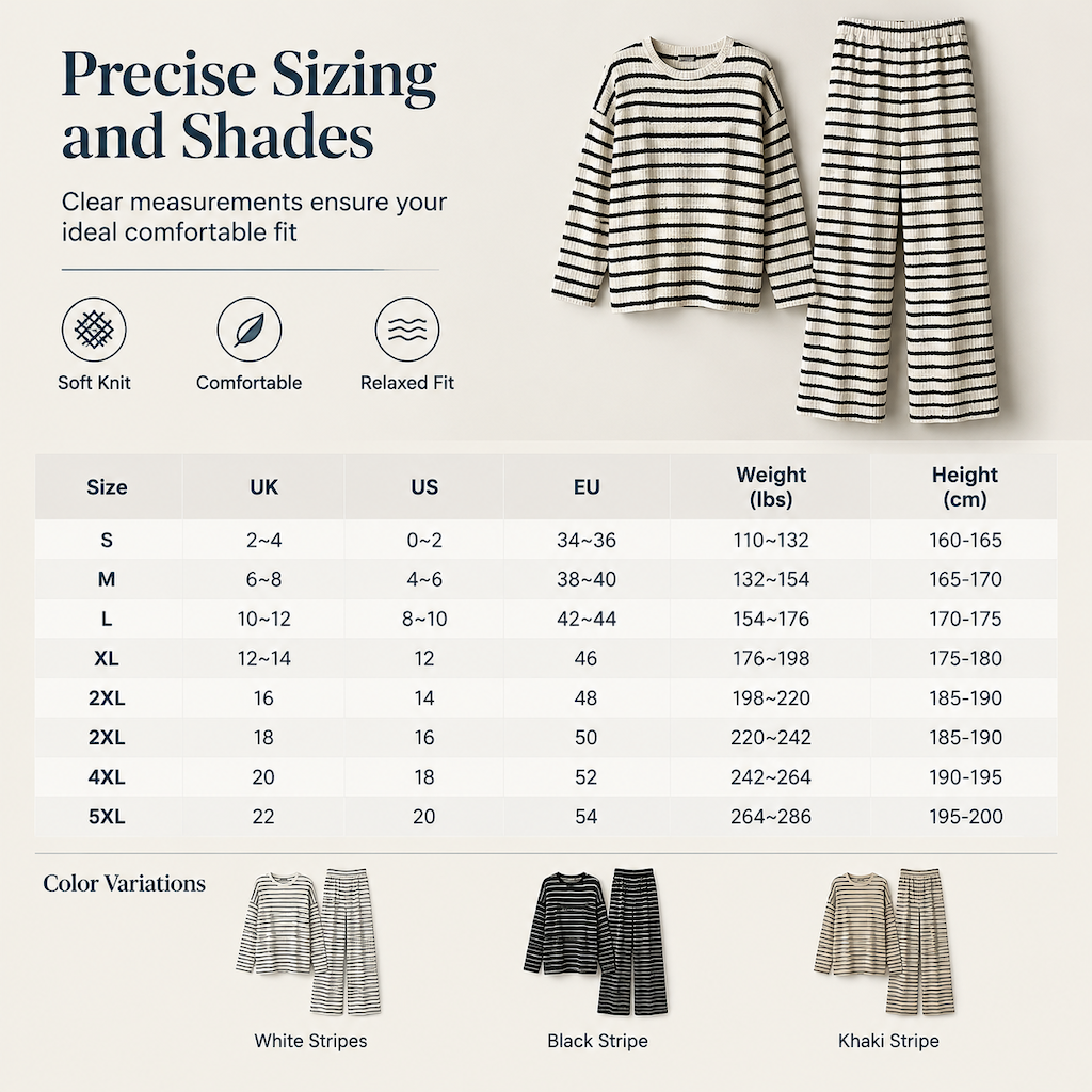 Women Casual Loose Striped Long Sleeve Crew Neck Top and Drawstring Pants Loungewear Set